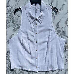 Bar III Womens White Sleeveless Button-Down Collared Top Size L Lightweight